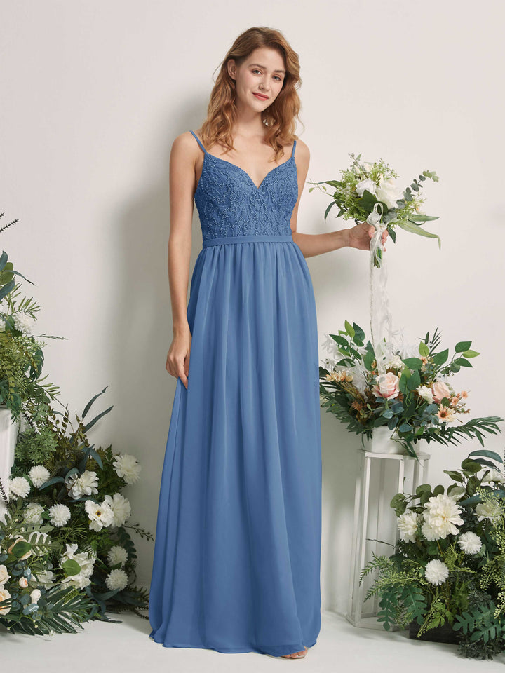Carlyna Vestido Línea A Escote en V Hasta el suelo Fruncido Dama de honor Azul polvoriento 