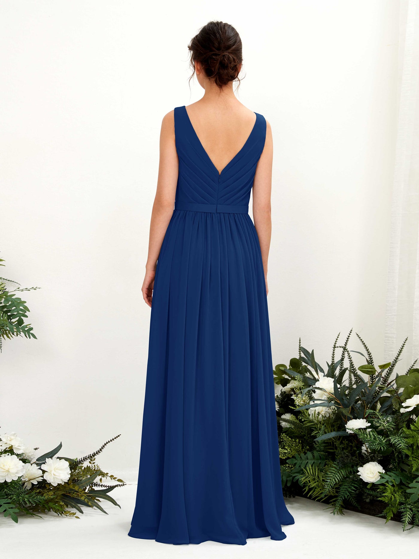 Carlyna Vestido línea A escote en V hasta el suelo fruncido dama de honor Azul Real #color_azul-real