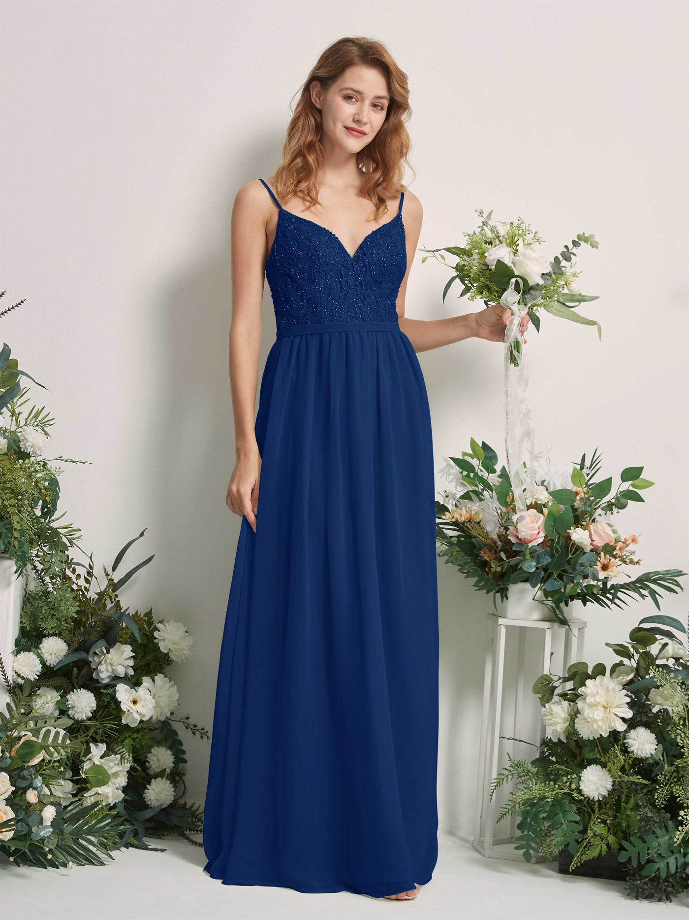 Carlyna Vestido Línea A Escote en V Hasta el suelo Fruncido Dama de honor Azul Real #color_azul-real