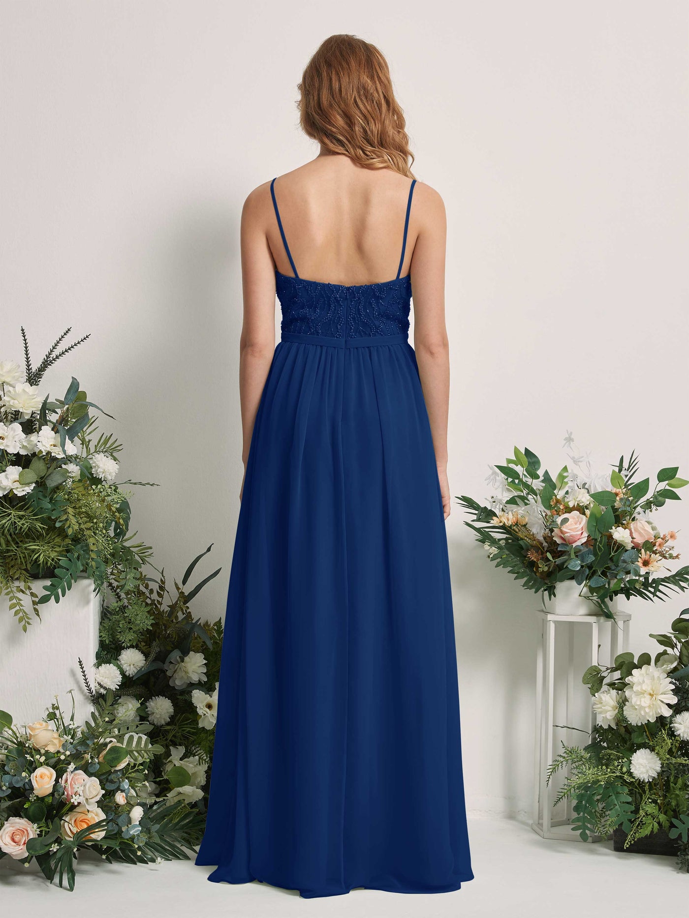 Carlyna Vestido Línea A Escote en V Hasta el suelo Fruncido Dama de honor Azul Real #color_azul-real