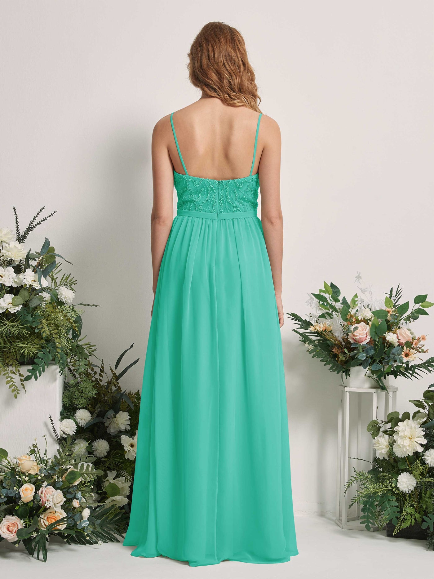 Carlyna Vestido Línea A Escote en V Hasta el suelo Fruncido Dama de honor Azul Tiffany #color_azul-tiffany
