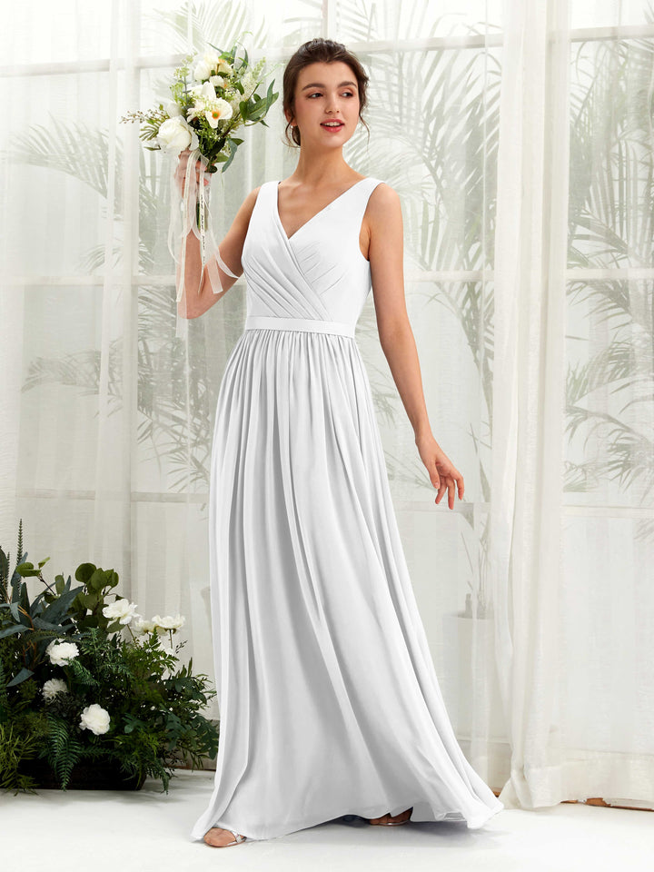 Carlyna Vestido línea A escote en V hasta el suelo fruncido dama de honor Blanco 