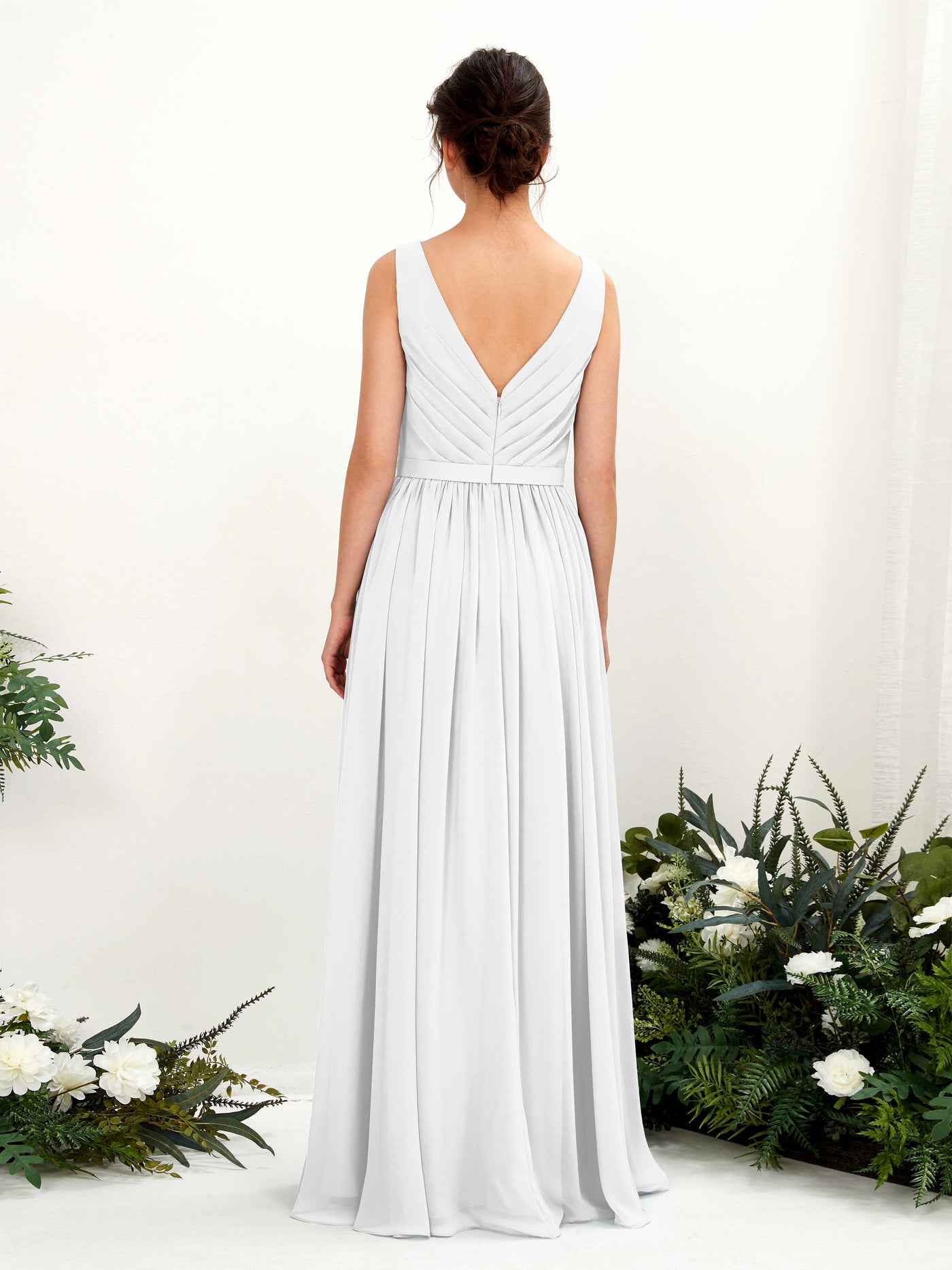 Carlyna Vestido línea A escote en V hasta el suelo fruncido dama de honor Blanco #color_blanco