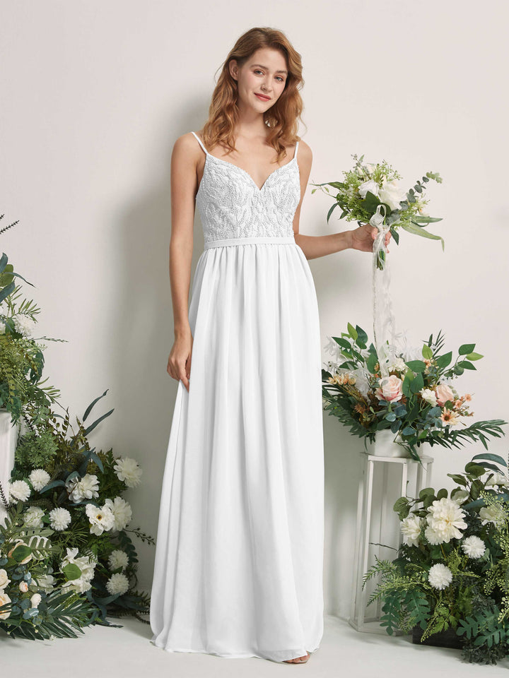 Carlyna Vestido Línea A Escote en V Hasta el suelo Fruncido Dama de honor Blanco 