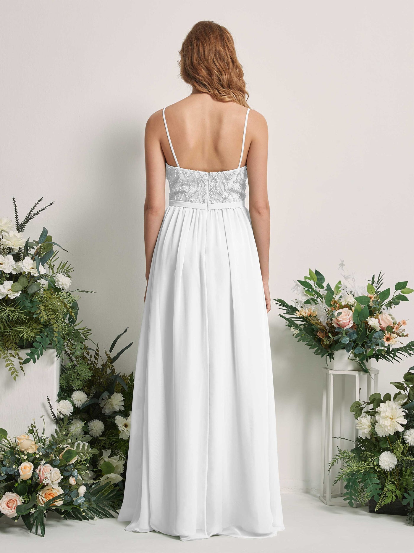 Carlyna Vestido Línea A Escote en V Hasta el suelo Fruncido Dama de honor Blanco #color_blanco