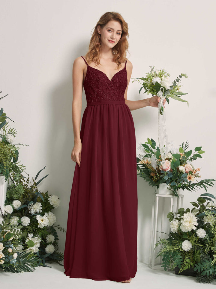 Carlyna Vestido Línea A Escote en V Hasta el suelo Fruncido Dama de honor Borgoña 