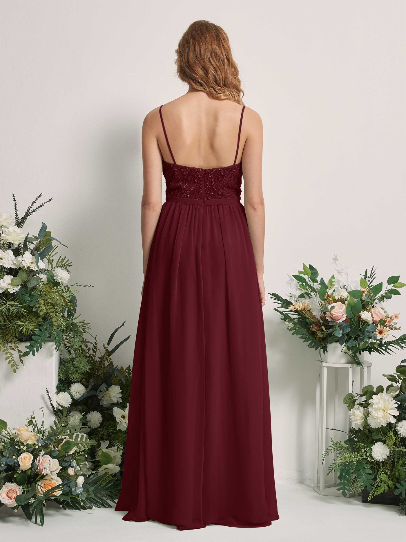Carlyna Vestido Línea A Escote en V Hasta el suelo Fruncido Dama de honor Borgoña #color_borgo-a