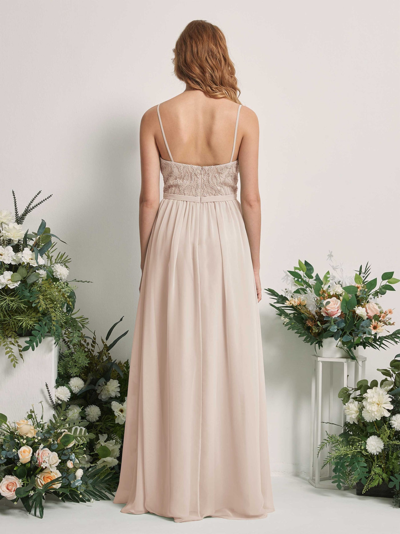 Carlyna Vestido Línea A Escote en V Hasta el suelo Fruncido Dama de honor Champán #color_champ-n