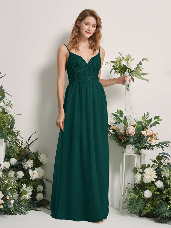 Carlyna Vestido Línea A Escote en V Hasta el suelo Fruncido Dama de honor Esmeralda Oscuro 