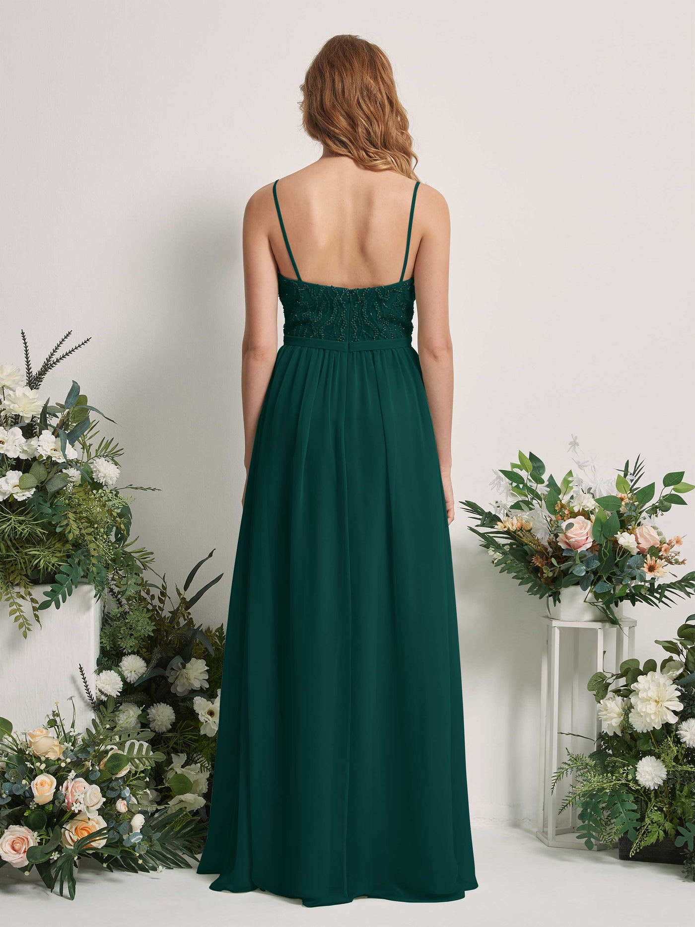 Carlyna Vestido Línea A Escote en V Hasta el suelo Fruncido Dama de honor Esmeralda Oscuro #color_esmeralda-oscuro