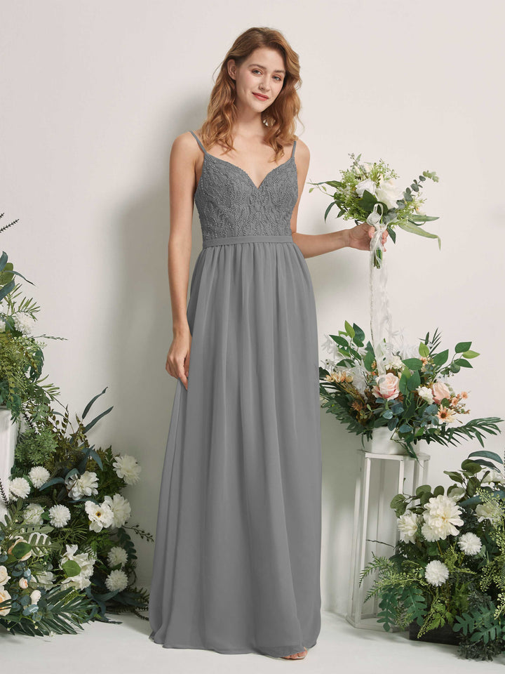 Carlyna Vestido Línea A Escote en V Hasta el suelo Fruncido Dama de honor Gris Acero 