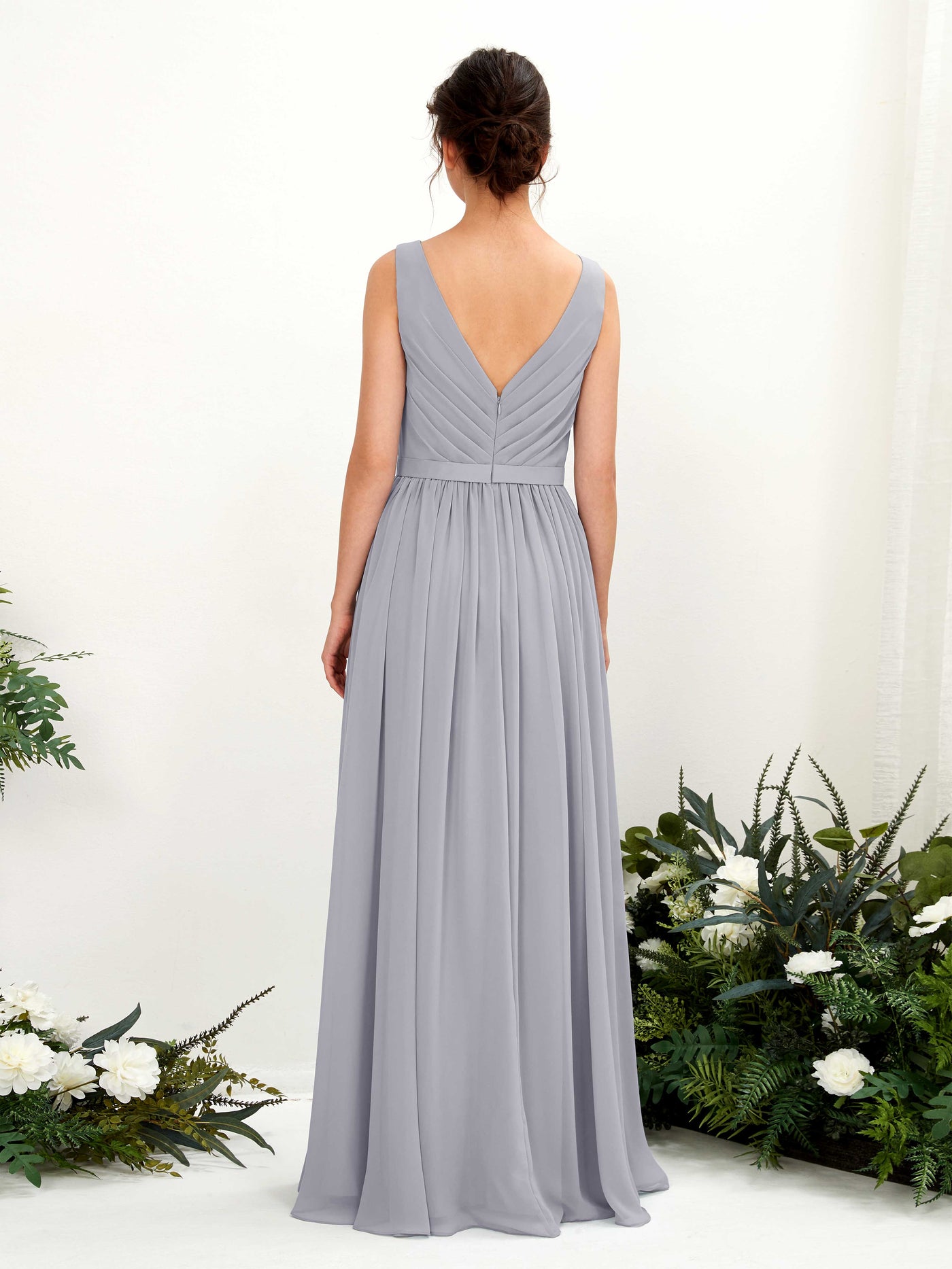 Carlyna Vestido línea A escote en V hasta el suelo fruncido dama de honor Lavanda Viejo #color_lavanda-viejo