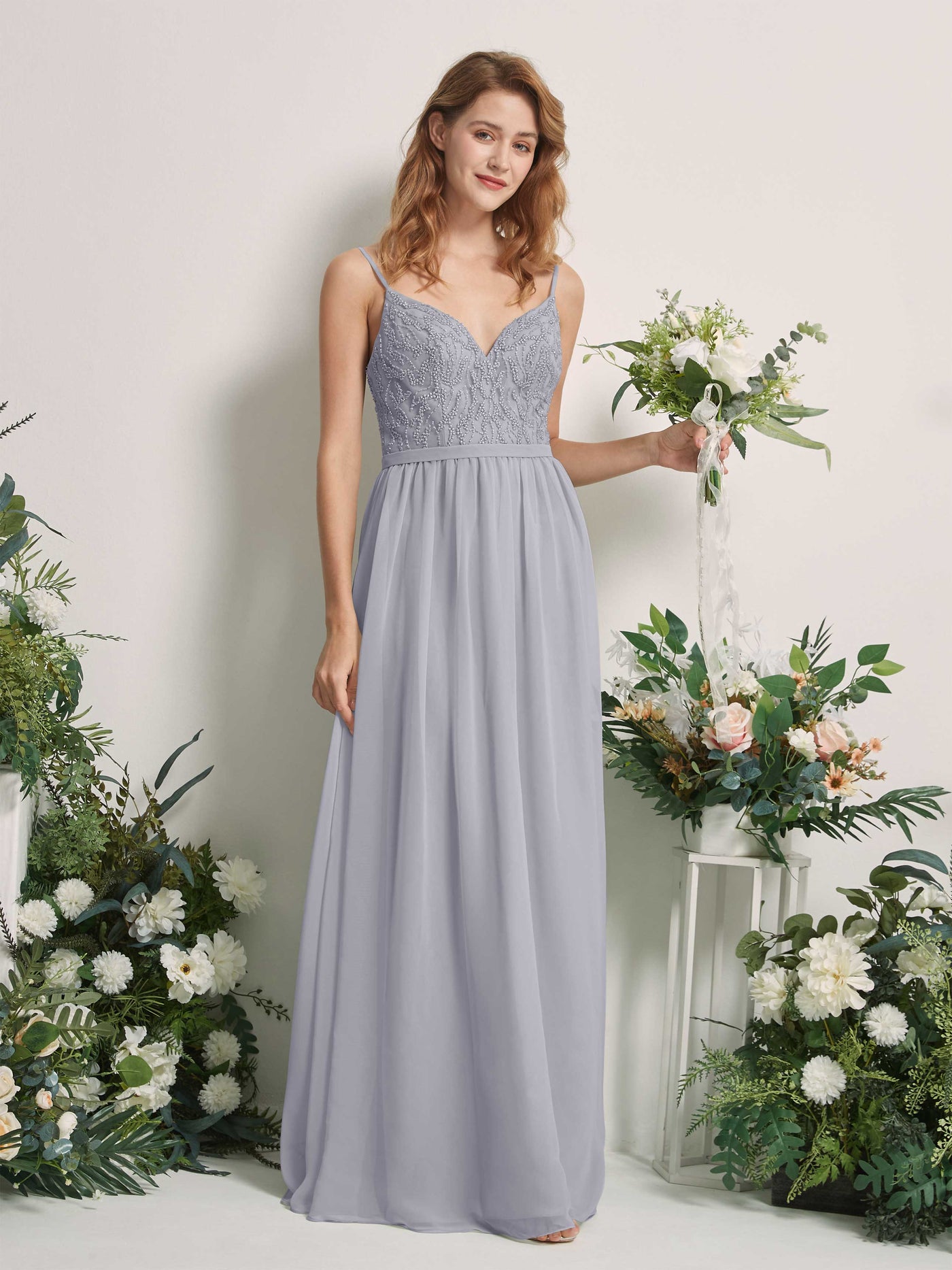 Carlyna Vestido Línea A Escote en V Hasta el suelo Fruncido Dama de honor Lavanda Viejo #color_lavanda-viejo