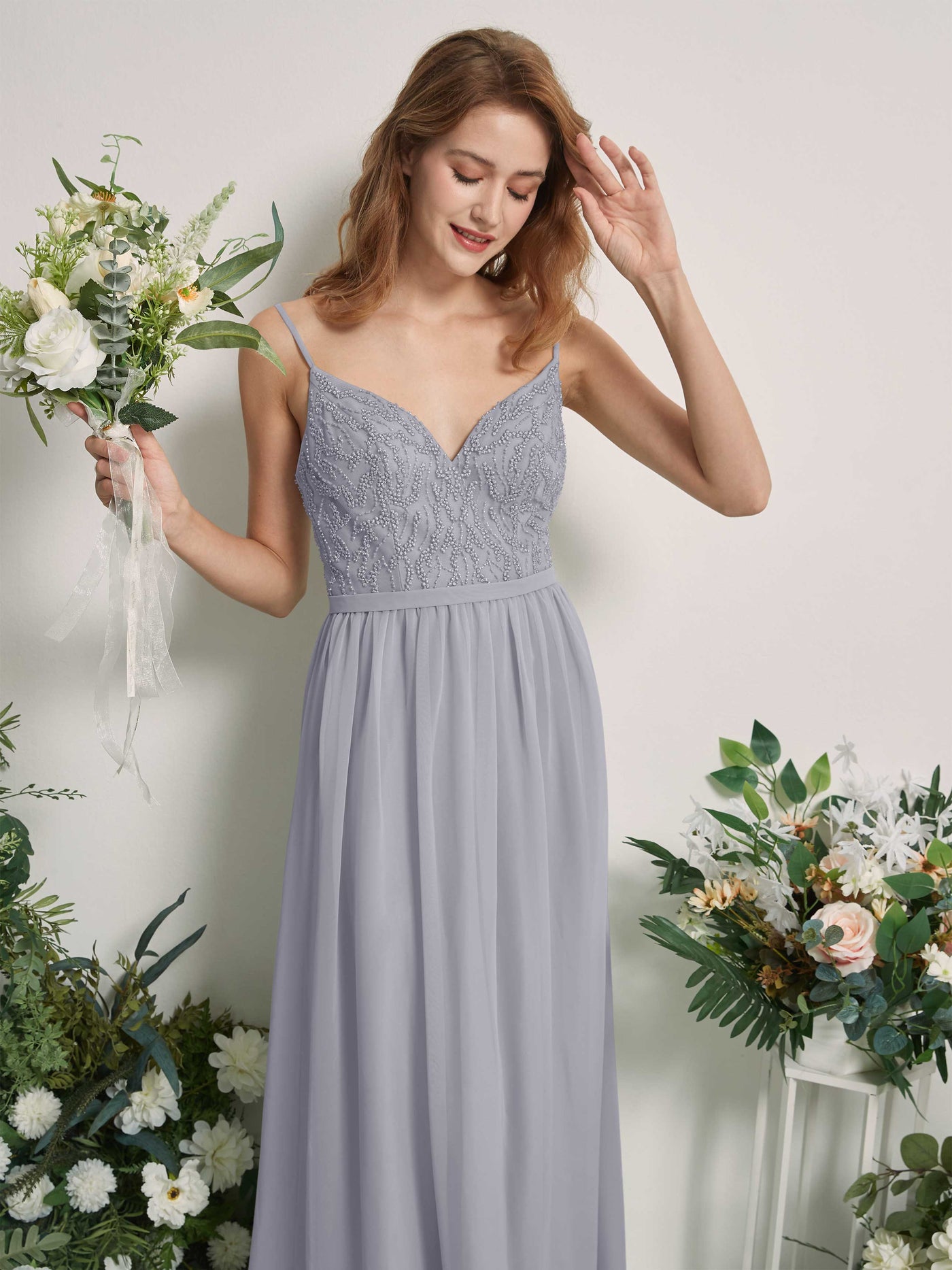 Carlyna Vestido Línea A Escote en V Hasta el suelo Fruncido Dama de honor Lavanda Viejo #color_lavanda-viejo
