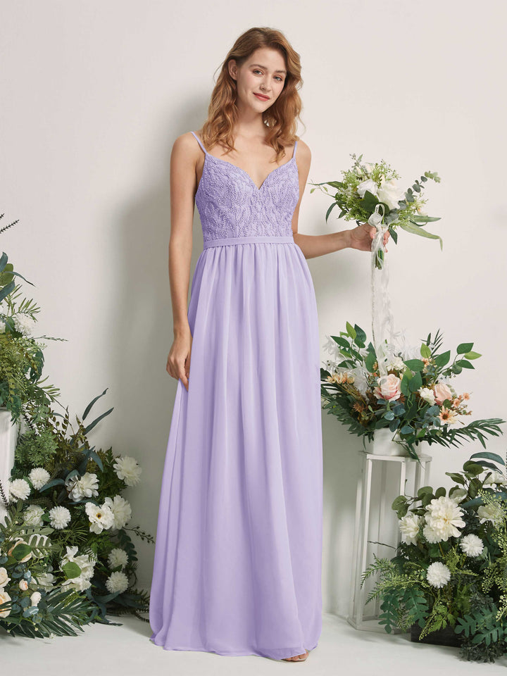 Carlyna Vestido Línea A Escote en V Hasta el suelo Fruncido Dama de honor Lila 