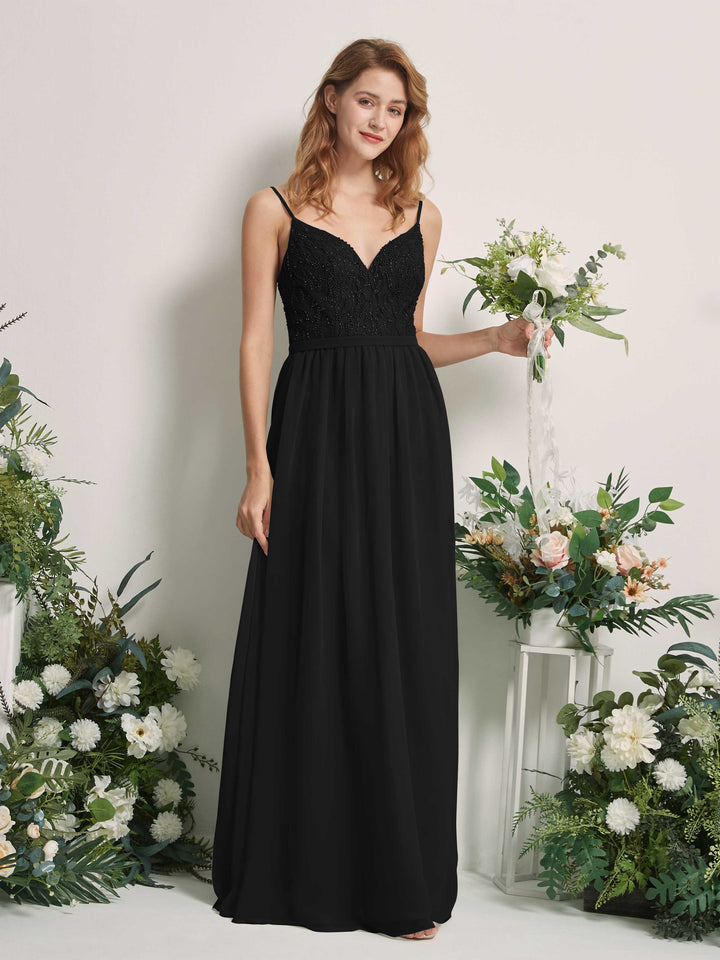 Carlyna Vestido Línea A Escote en V Hasta el suelo Fruncido Dama de honor Negro 
