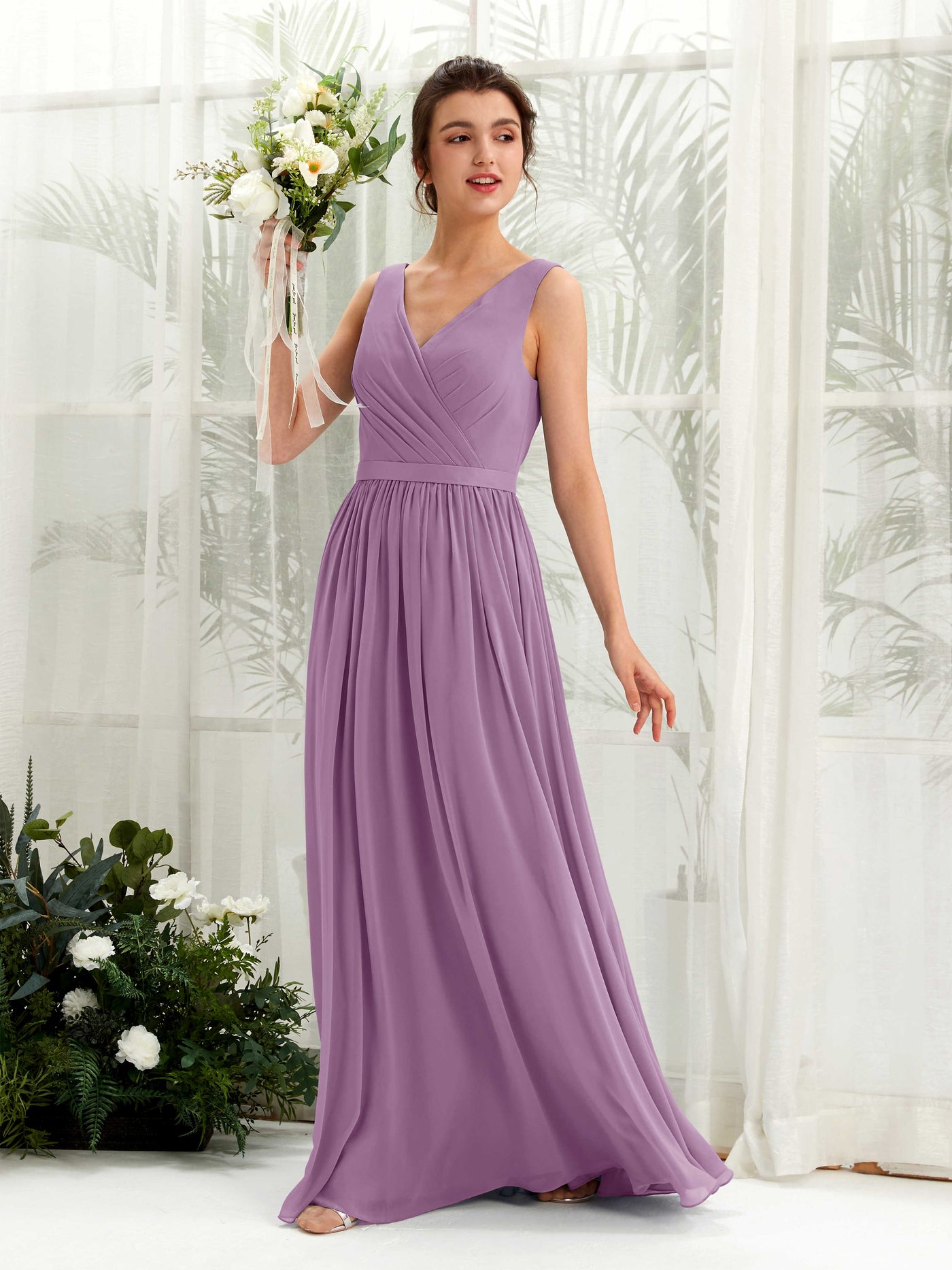 Carlyna Vestido línea A escote en V hasta el suelo fruncido dama de honor Niebla Orquídea #color_niebla-orqu-dea