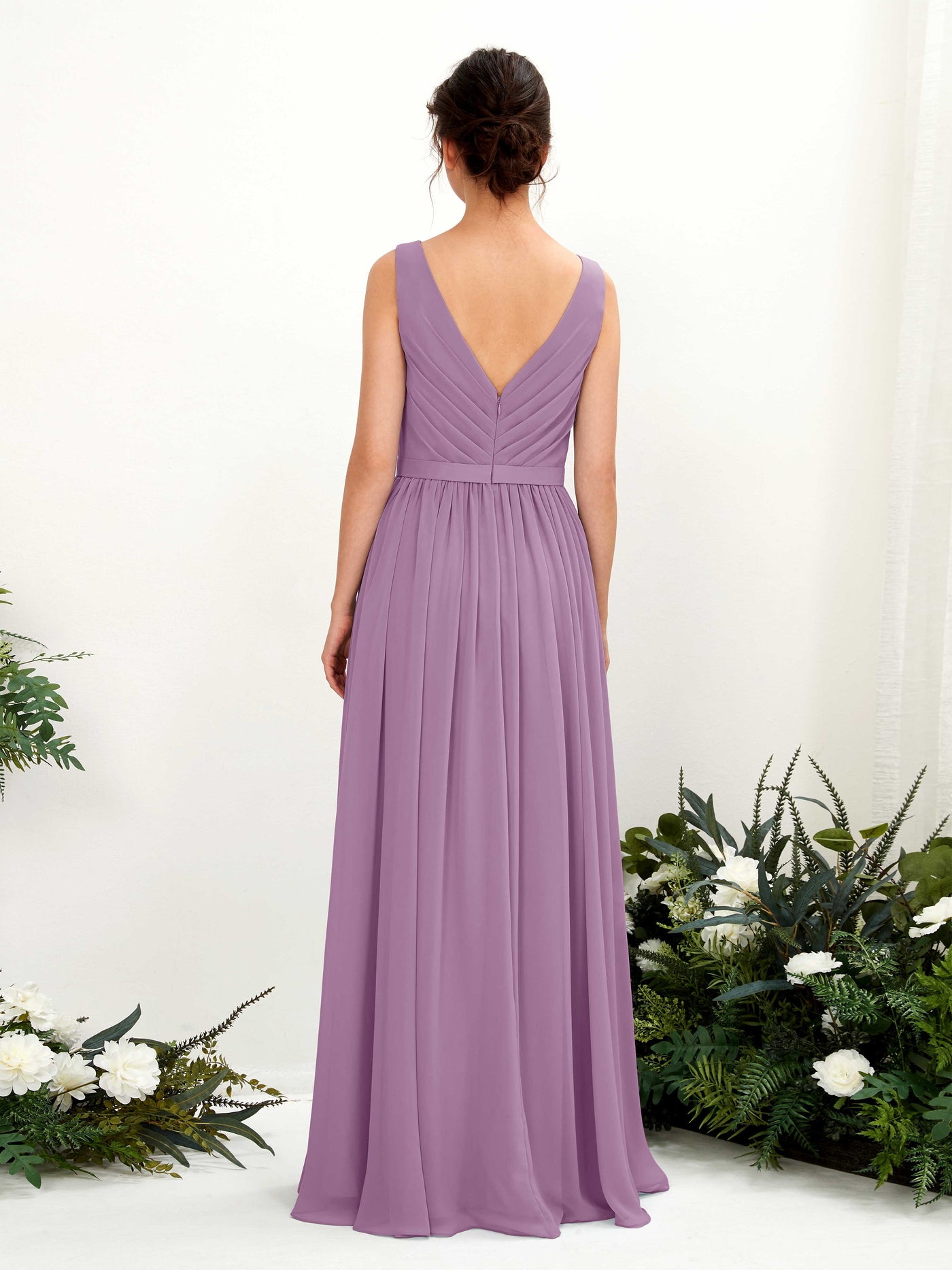 Carlyna Vestido línea A escote en V hasta el suelo fruncido dama de honor Niebla Orquídea #color_niebla-orqu-dea