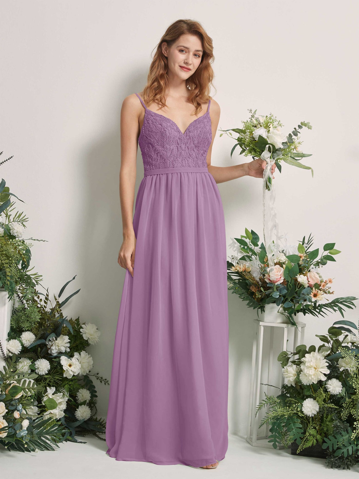 Carlyna Vestido Línea A Escote en V Hasta el suelo Fruncido Dama de honor Niebla Orquídea #color_niebla-orqu-dea