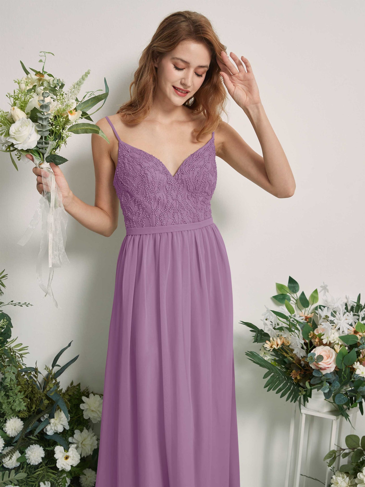 Carlyna Vestido Línea A Escote en V Hasta el suelo Fruncido Dama de honor Niebla Orquídea #color_niebla-orqu-dea