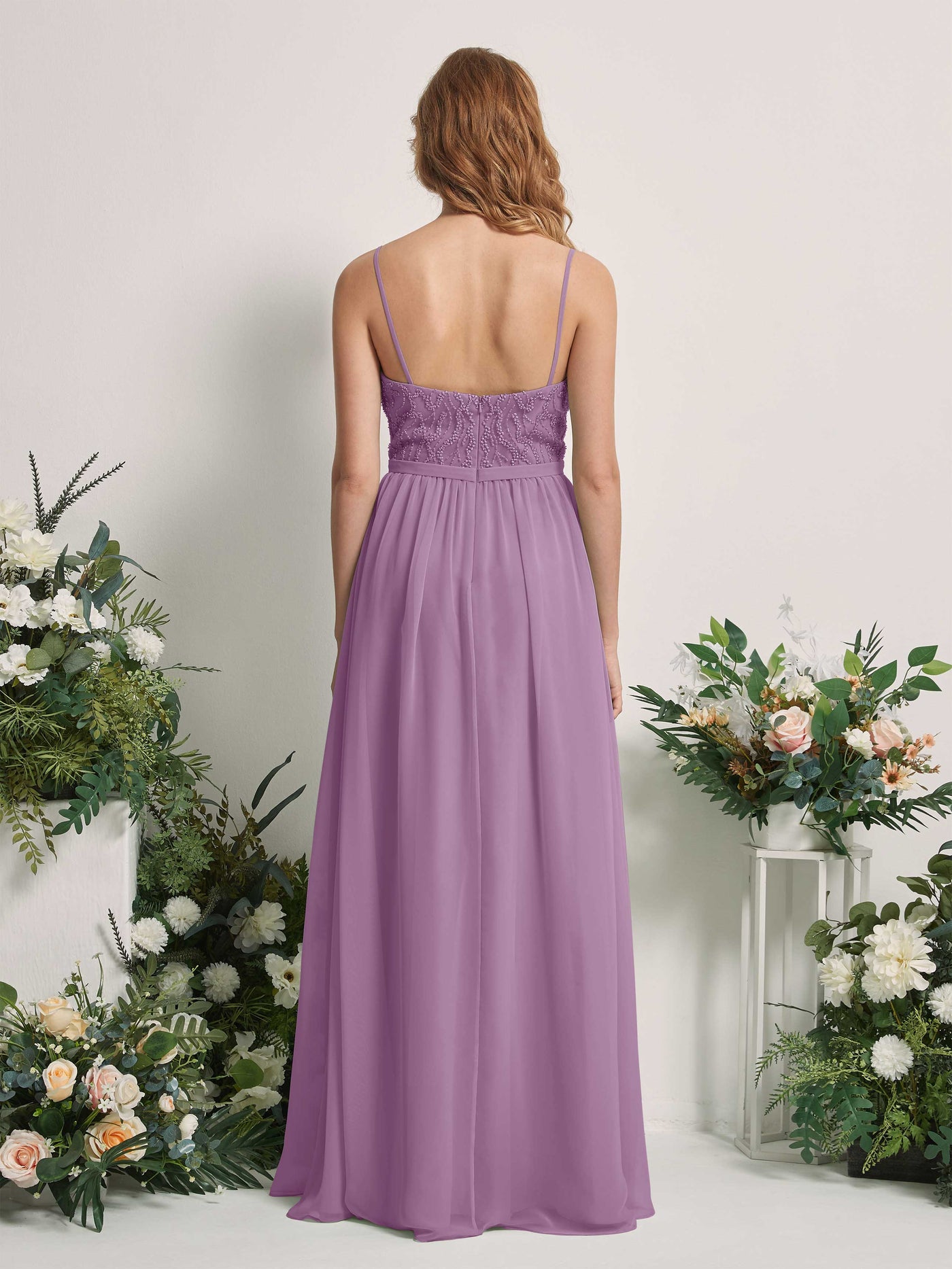 Carlyna Vestido Línea A Escote en V Hasta el suelo Fruncido Dama de honor Niebla Orquídea #color_niebla-orqu-dea