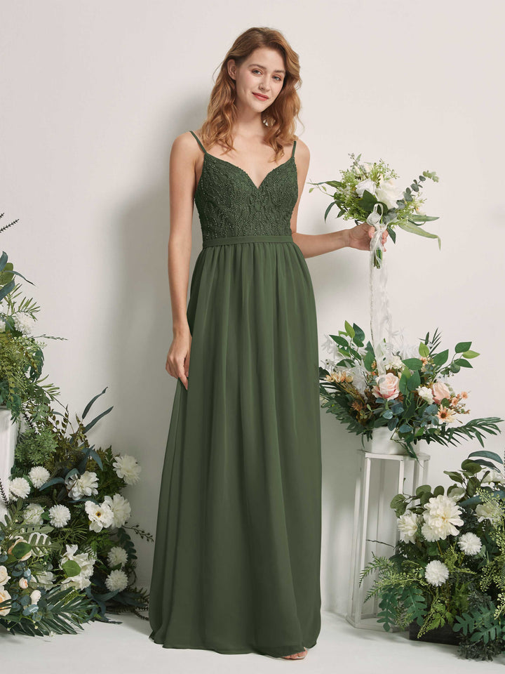 Carlyna Vestido Línea A Escote en V Hasta el suelo Fruncido Dama de honor Oliva Martini 