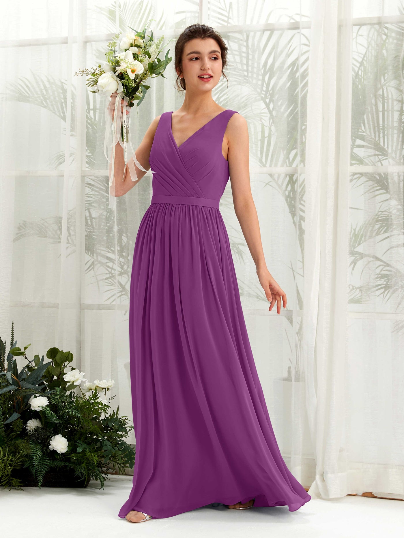 Carlyna Vestido línea A escote en V hasta el suelo fruncido dama de honor Púrpura #color_p-rpura