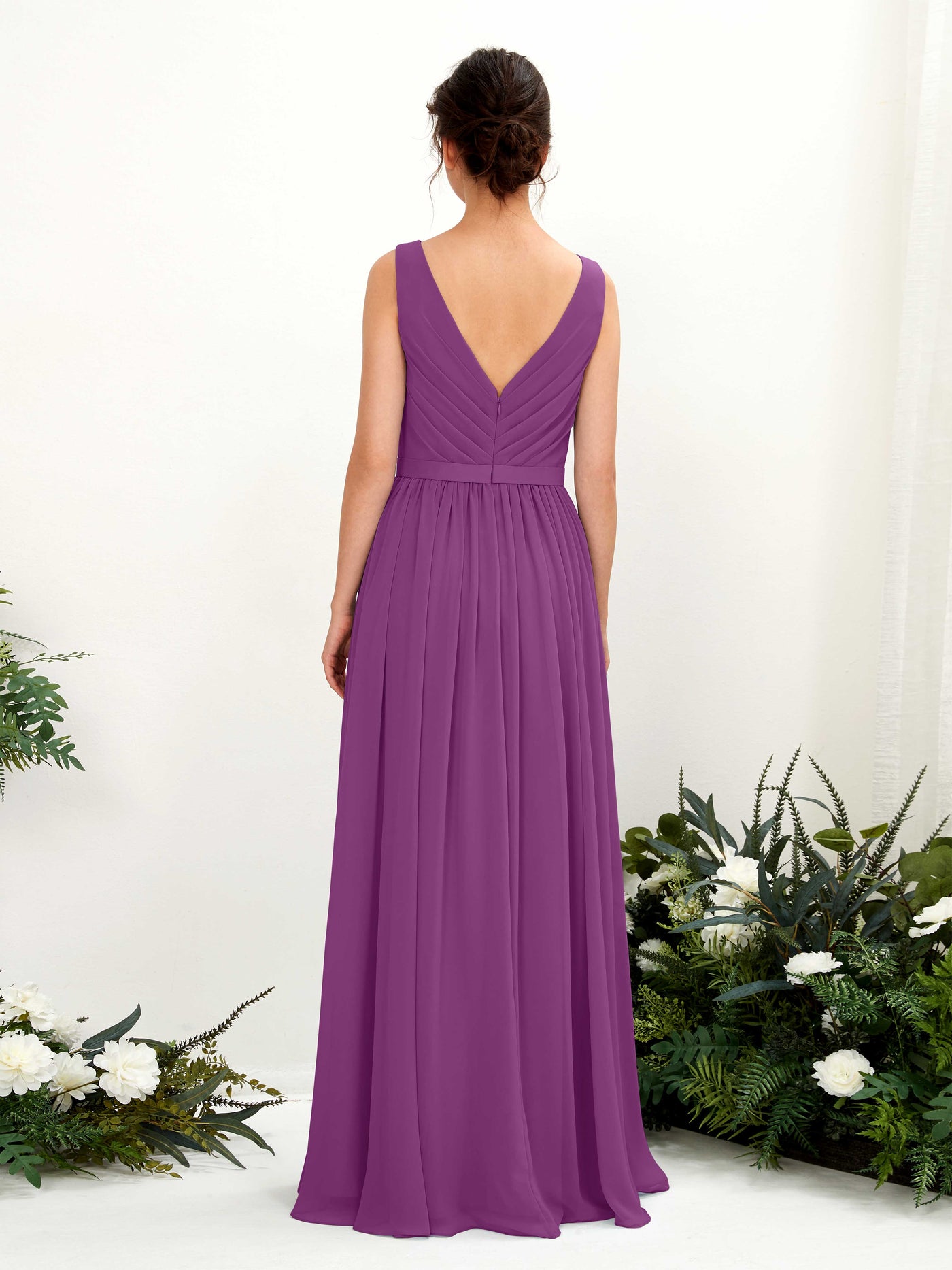 Carlyna Vestido línea A escote en V hasta el suelo fruncido dama de honor Púrpura #color_p-rpura