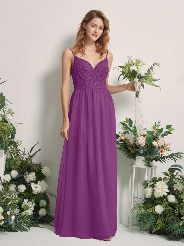Carlyna Vestido Línea A Escote en V Hasta el suelo Fruncido Dama de honor Púrpura 