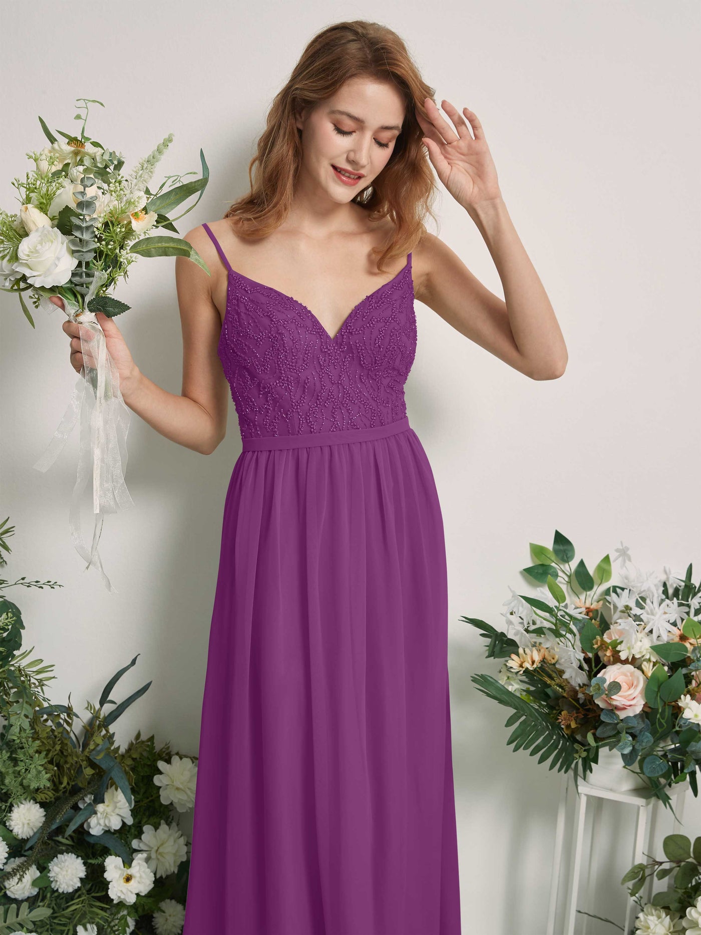 Carlyna Vestido Línea A Escote en V Hasta el suelo Fruncido Dama de honor Púrpura #color_p-rpura
