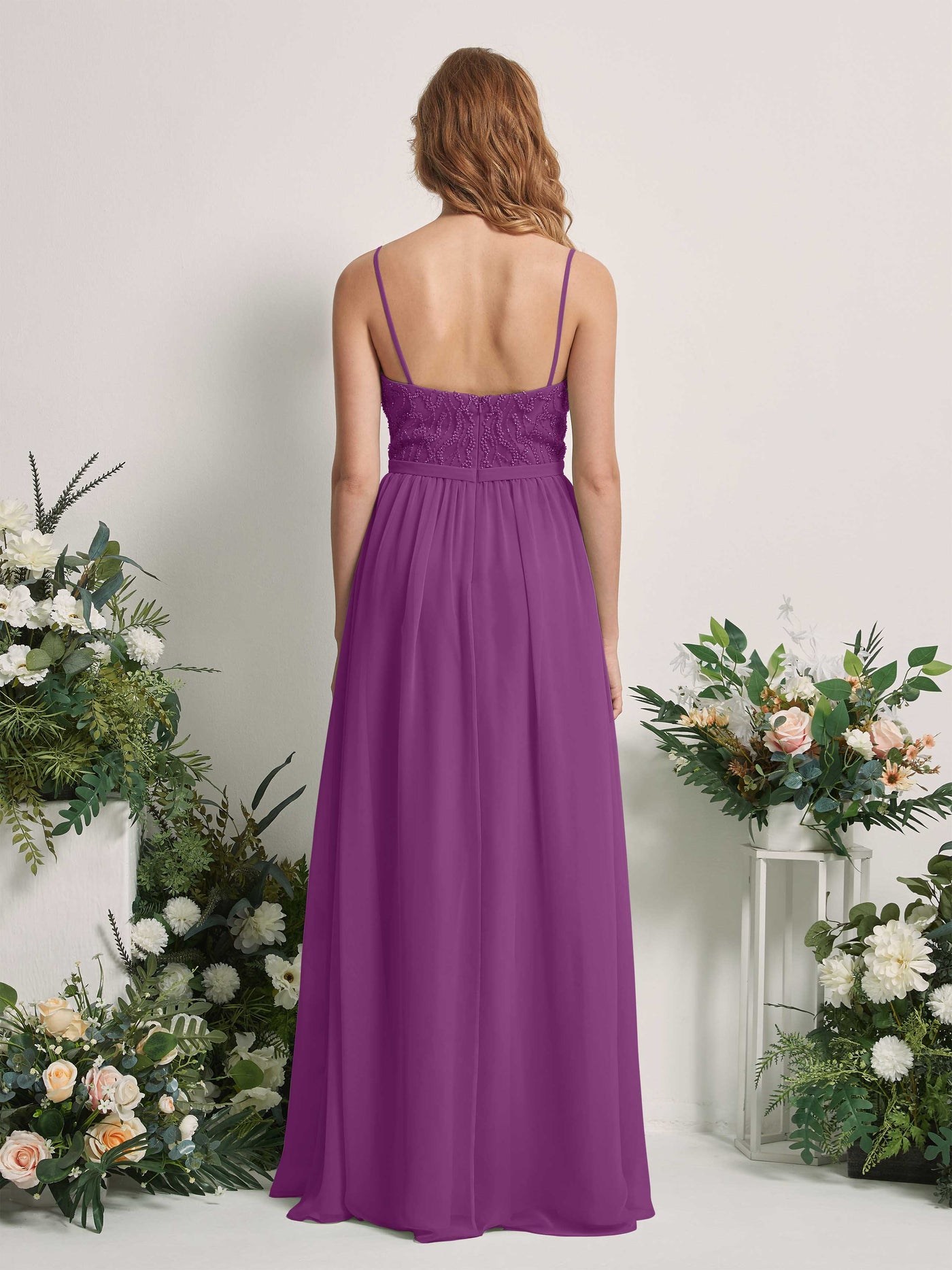 Carlyna Vestido Línea A Escote en V Hasta el suelo Fruncido Dama de honor Púrpura #color_p-rpura