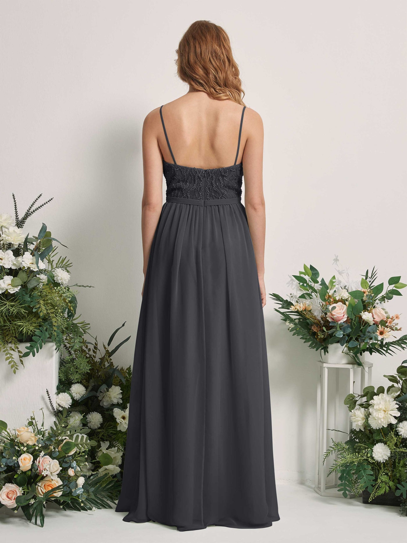 Carlyna Vestido Línea A Escote en V Hasta el suelo Fruncido Dama de honor Peltre #color_peltre