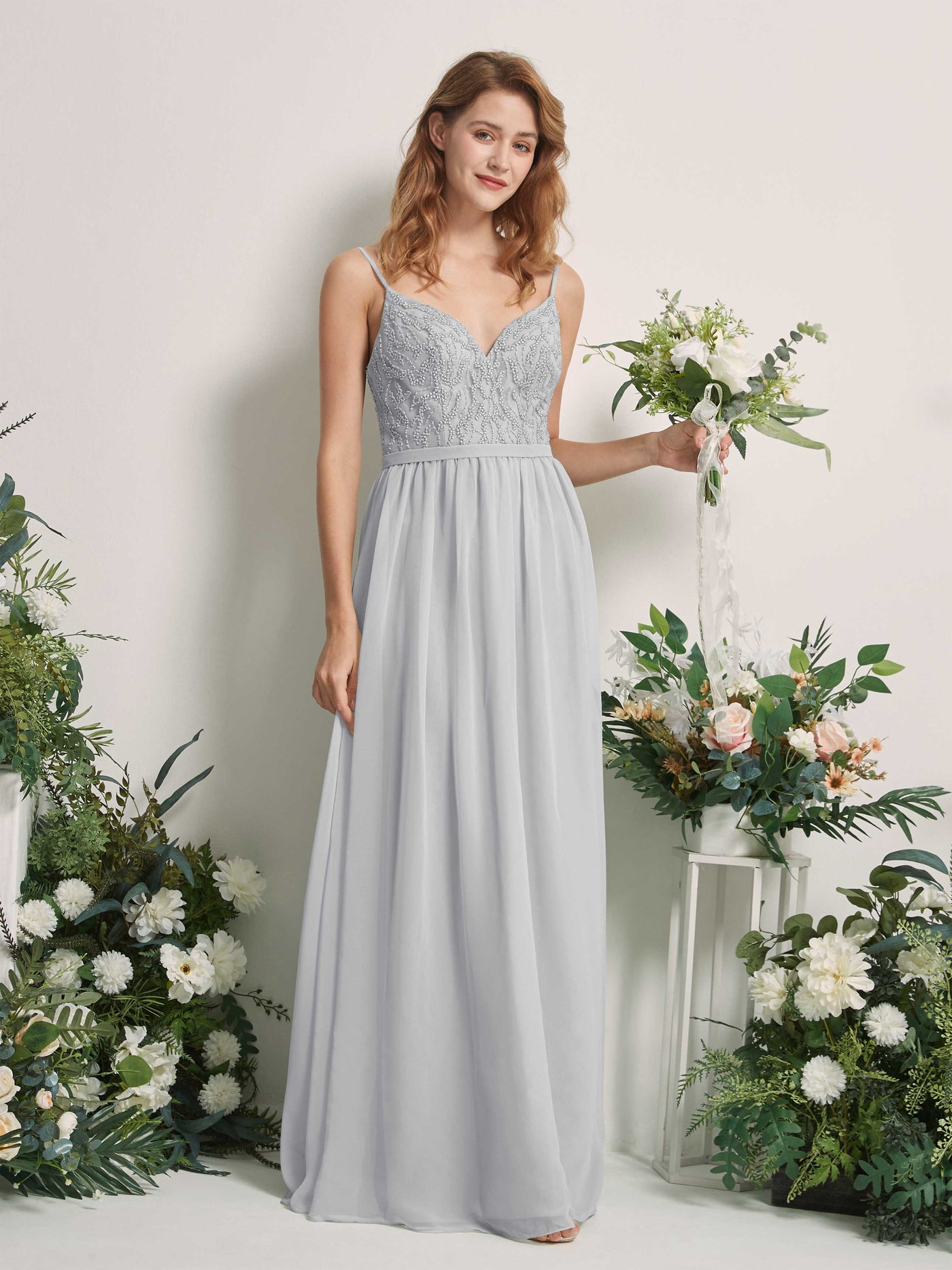 Carlyna Vestido Línea A Escote en V Hasta el suelo Fruncido Dama de honor Plata #color_plata