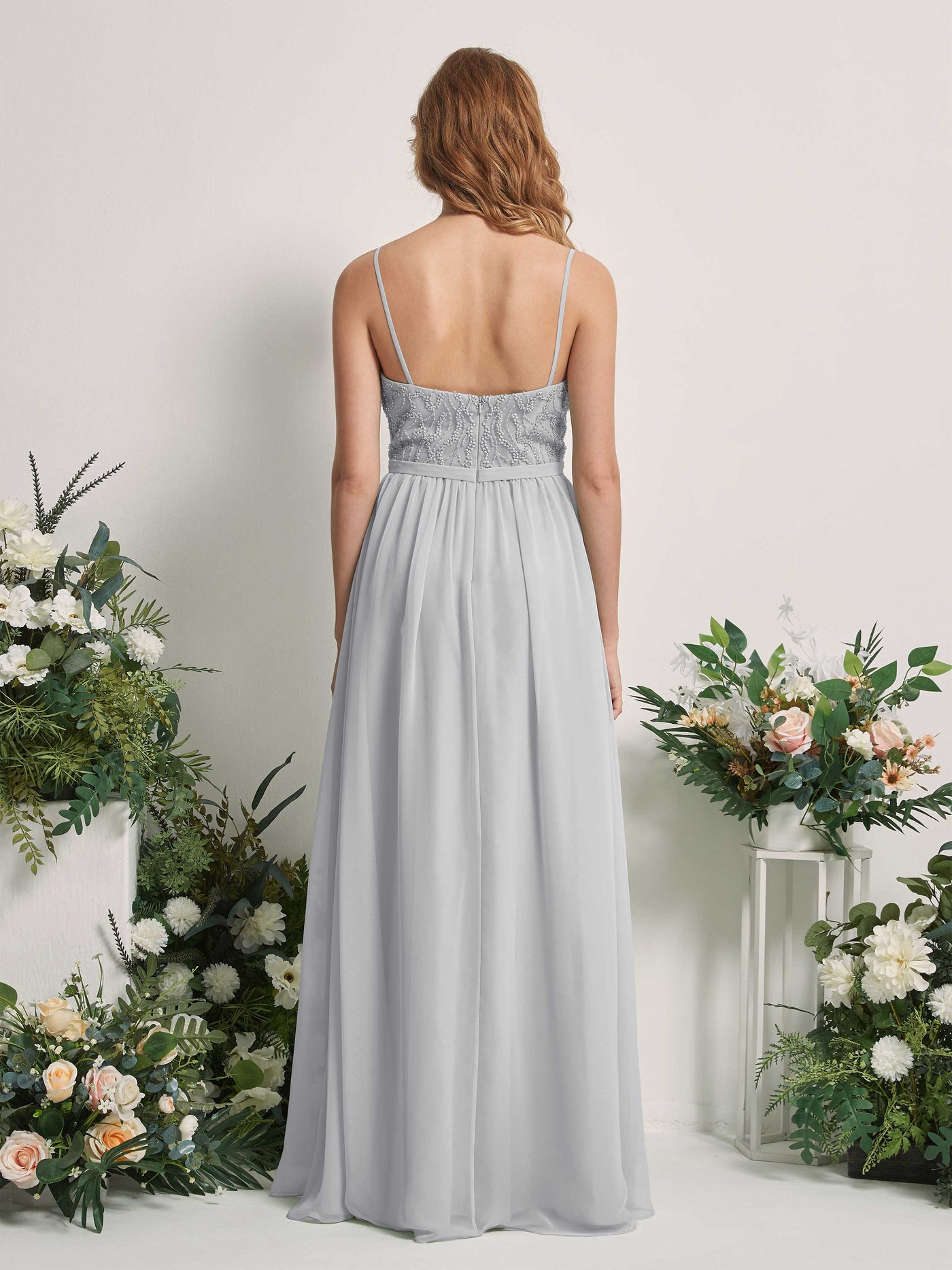 Carlyna Vestido Línea A Escote en V Hasta el suelo Fruncido Dama de honor Plata #color_plata