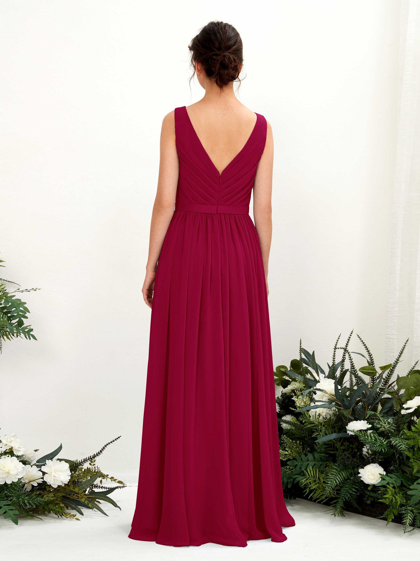 Carlyna Vestido línea A escote en V hasta el suelo fruncido dama de honor Rojo Bufón #color_rojo-buf-n