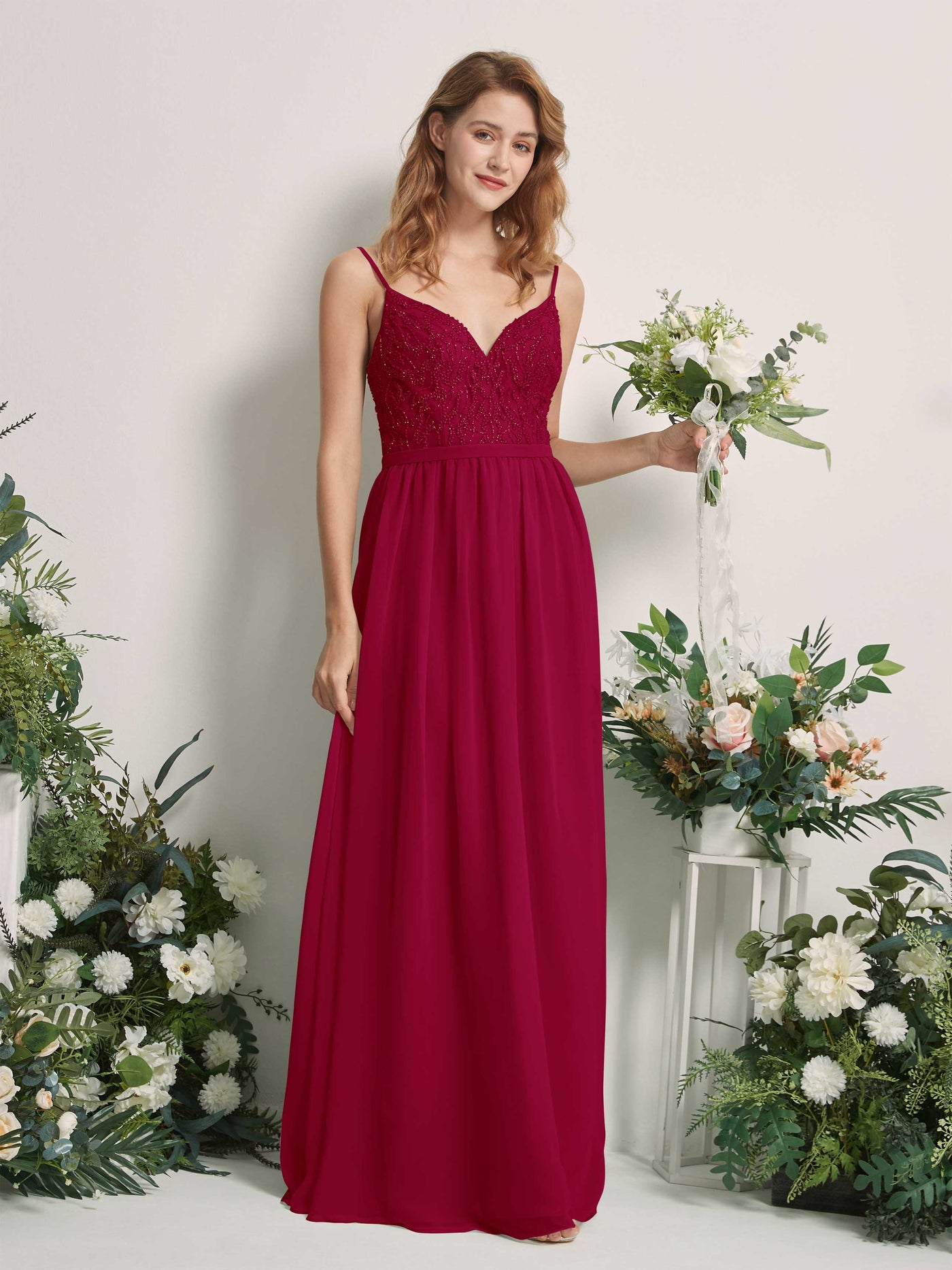 Carlyna Vestido Línea A Escote en V Hasta el suelo Fruncido Dama de honor Rojo Bufón #color_rojo-buf-n