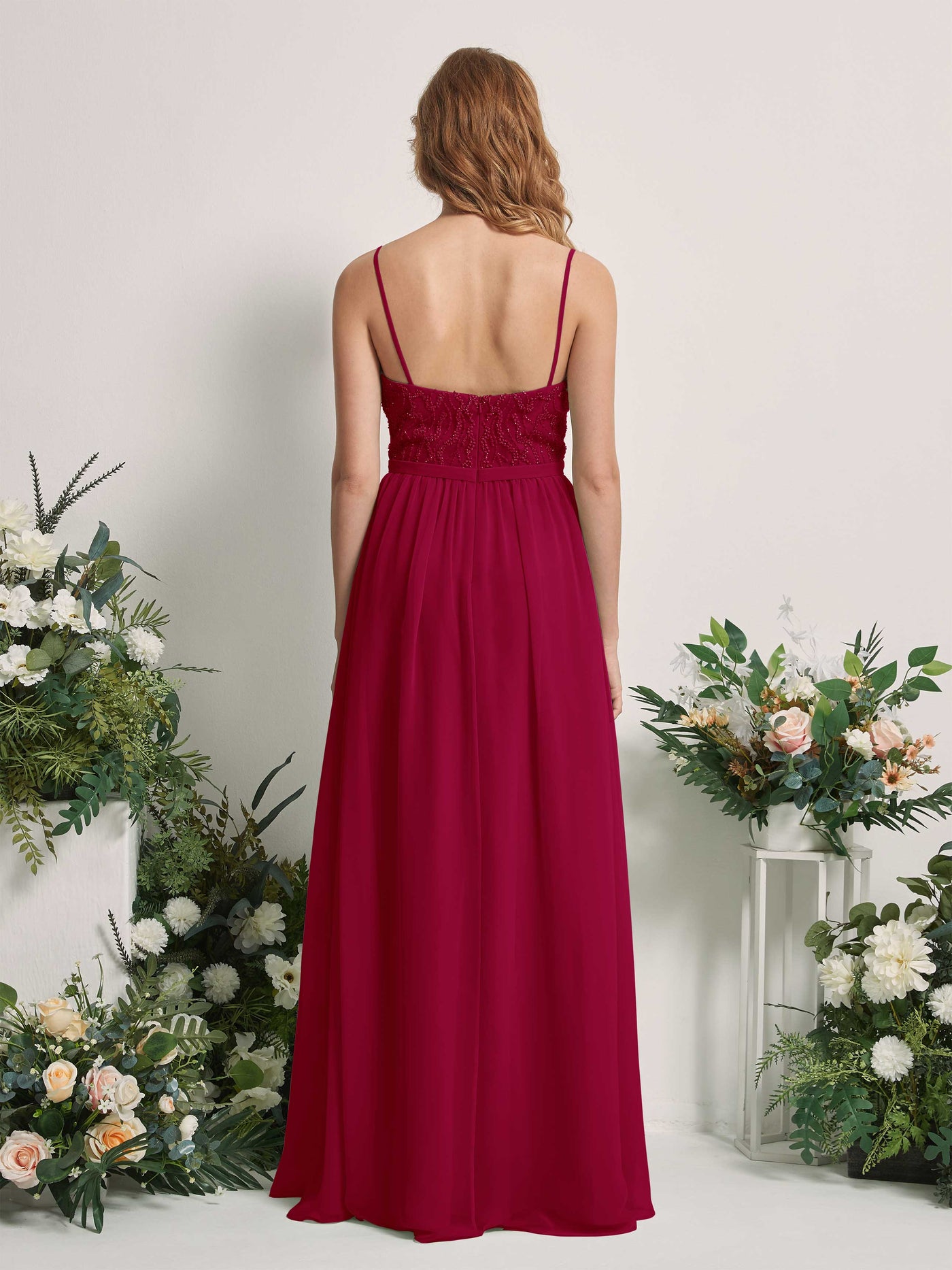 Carlyna Vestido Línea A Escote en V Hasta el suelo Fruncido Dama de honor Rojo Bufón #color_rojo-buf-n