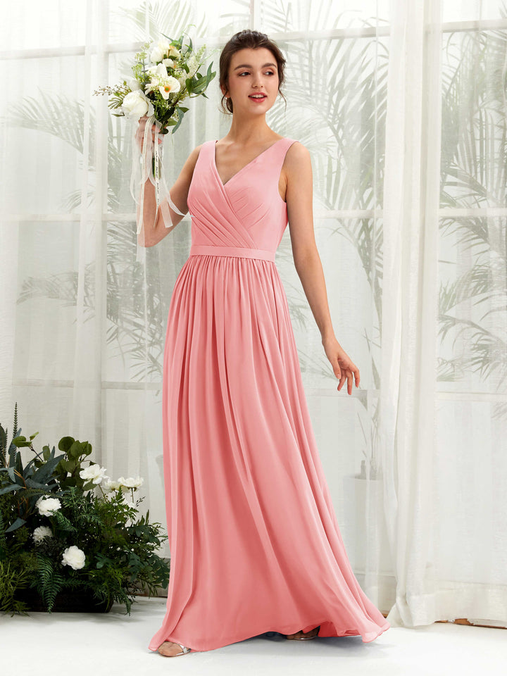 Carlyna Vestido línea A escote en V hasta el suelo fruncido dama de honor Rosa Ballet 