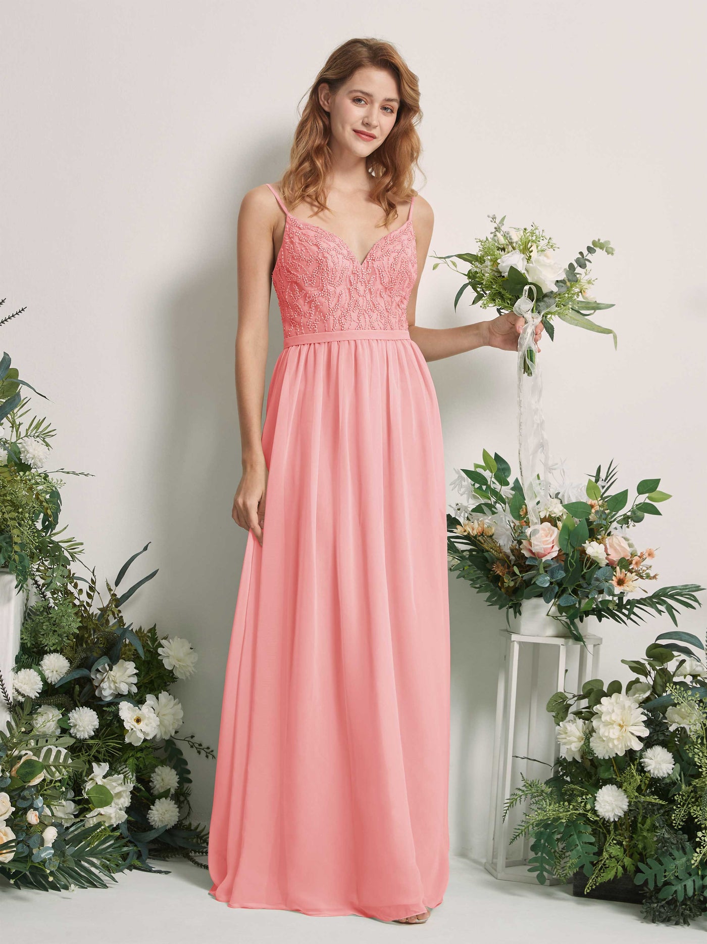 Carlyna Vestido Línea A Escote en V Hasta el suelo Fruncido Dama de honor Rosa Ballet #color_rosa-ballet