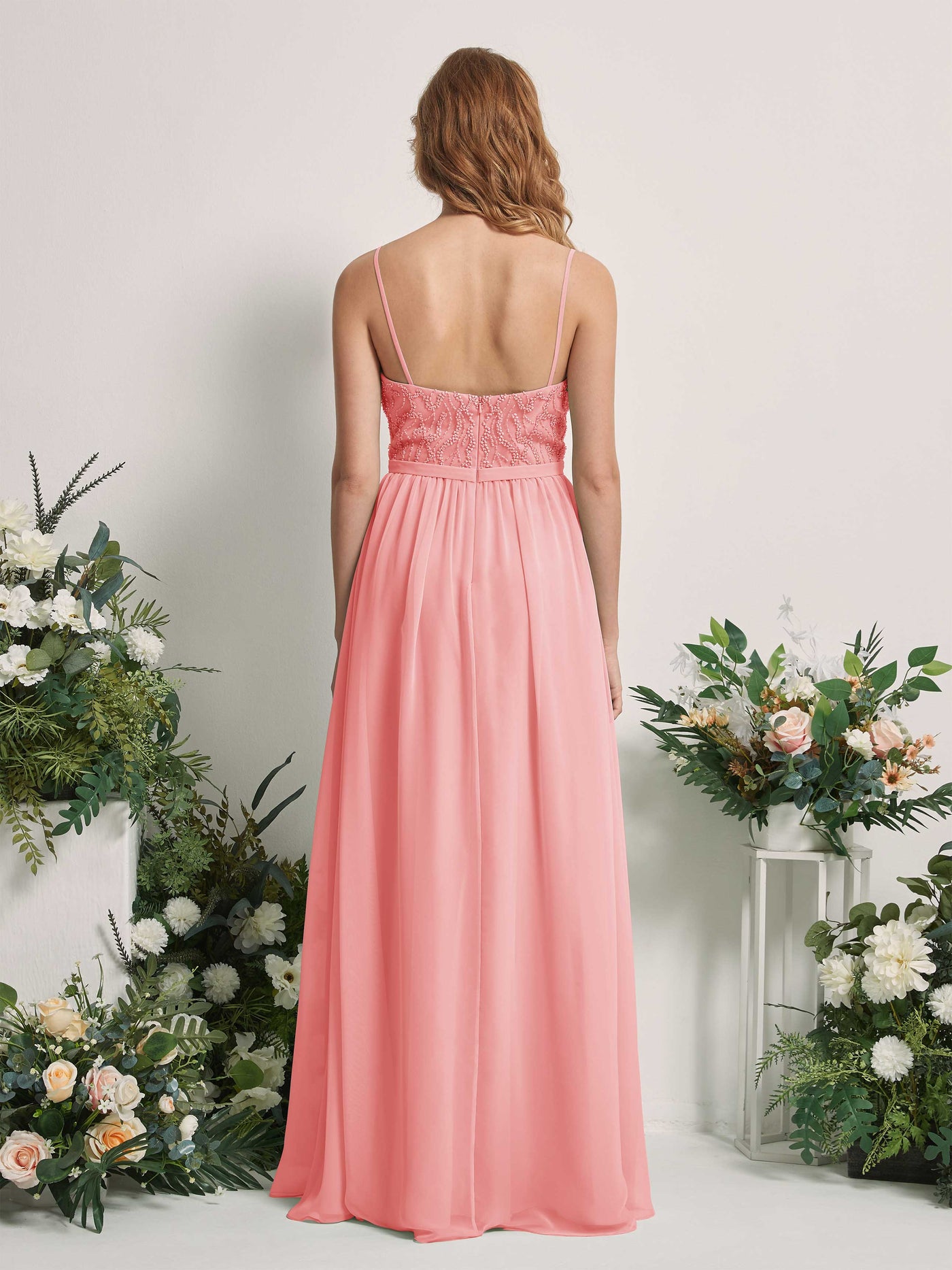 Carlyna Vestido Línea A Escote en V Hasta el suelo Fruncido Dama de honor Rosa Ballet #color_rosa-ballet
