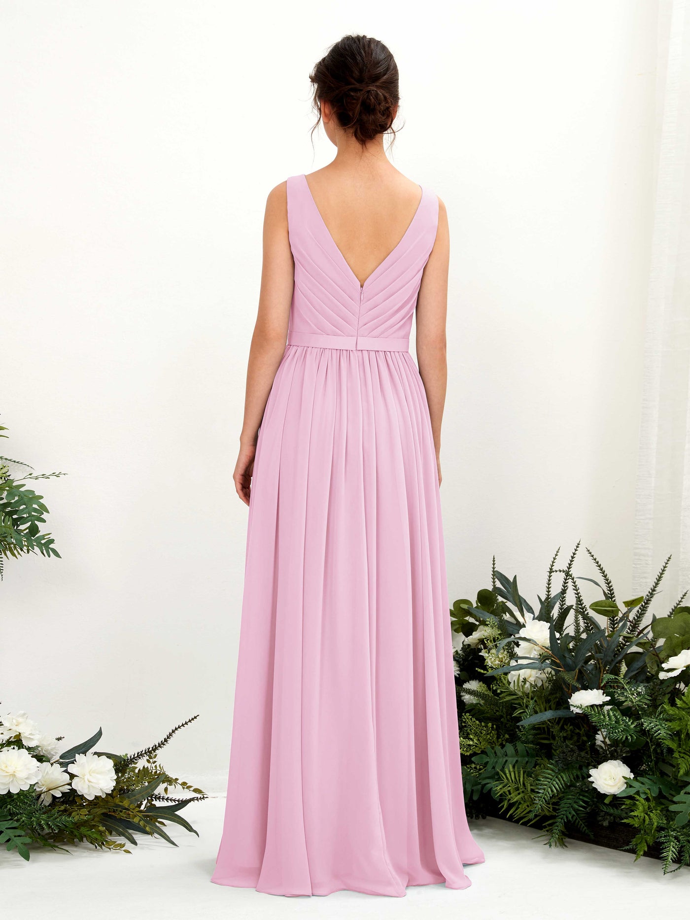 Carlyna Vestido línea A escote en V hasta el suelo fruncido dama de honor Rosa Caramelo #color_rosa-caramelo