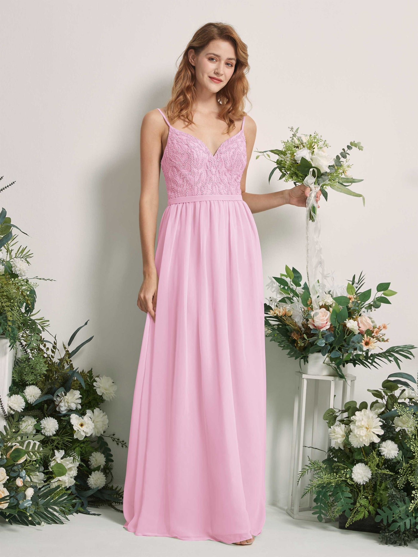 Carlyna Vestido Línea A Escote en V Hasta el suelo Fruncido Dama de honor Rosa Caramelo #color_rosa-caramelo