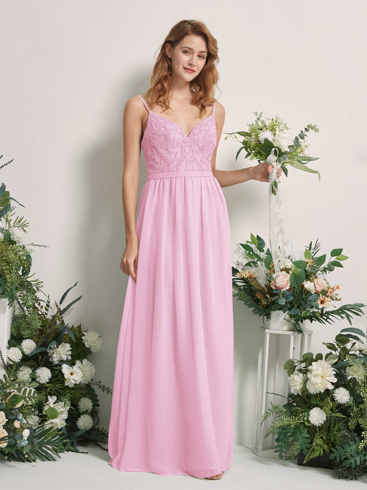 Carlyna Vestido Línea A Escote en V Hasta el suelo Fruncido Dama de honor Rosa Caramelo 