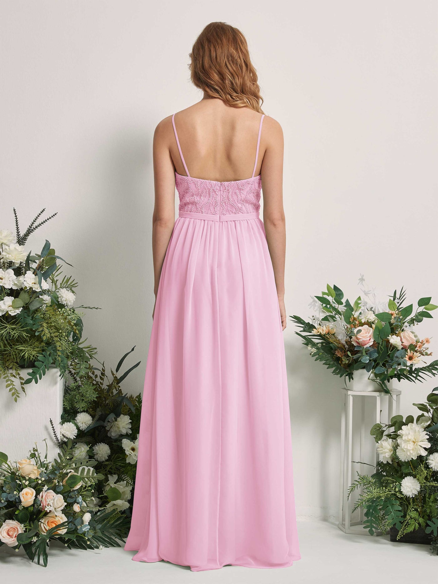 Carlyna Vestido Línea A Escote en V Hasta el suelo Fruncido Dama de honor Rosa Caramelo #color_rosa-caramelo