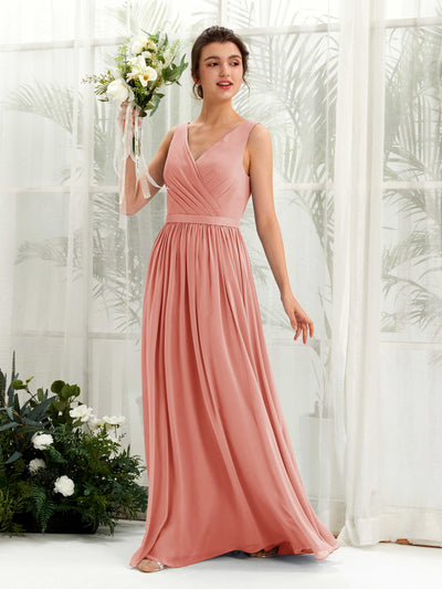 Carlyna Vestido línea A escote en V hasta el suelo fruncido dama de honor Rosa Champán #color_rosa-champ-n