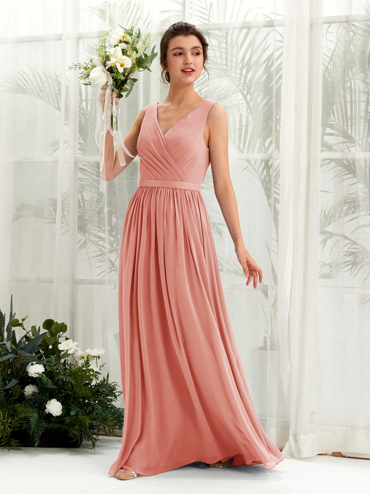 Carlyna Vestido línea A escote en V hasta el suelo fruncido dama de honor Rosa Champán 