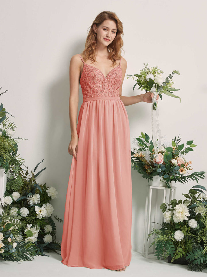 Carlyna Vestido Línea A Escote en V Hasta el suelo Fruncido Dama de honor Rosa Champán 