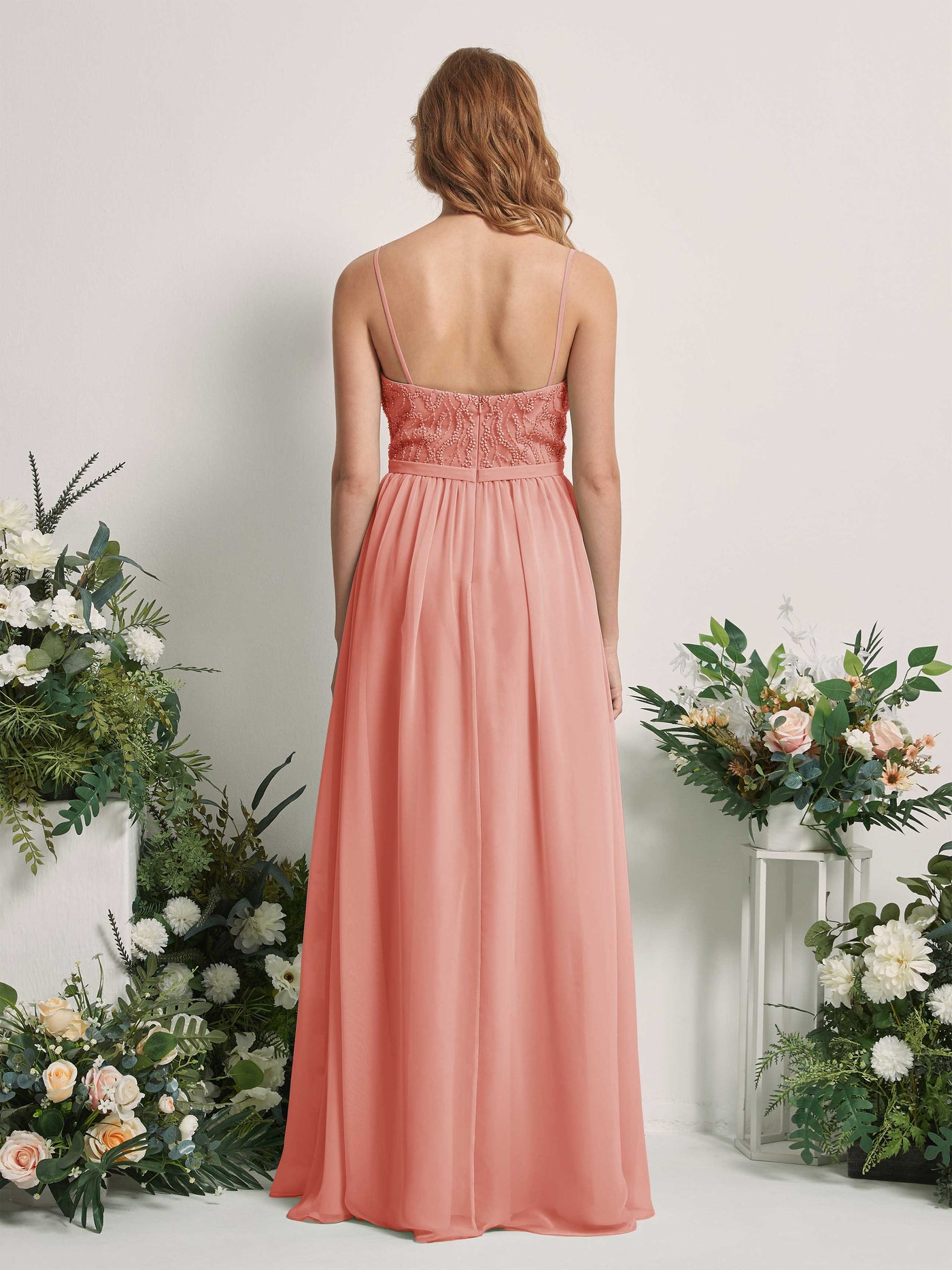 Carlyna Vestido Línea A Escote en V Hasta el suelo Fruncido Dama de honor Rosa Champán #color_rosa-champ-n