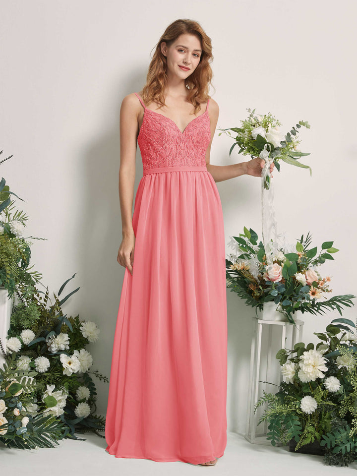 Carlyna Vestido Línea A Escote en V Hasta el suelo Fruncido Dama de honor Rosa Coral 
