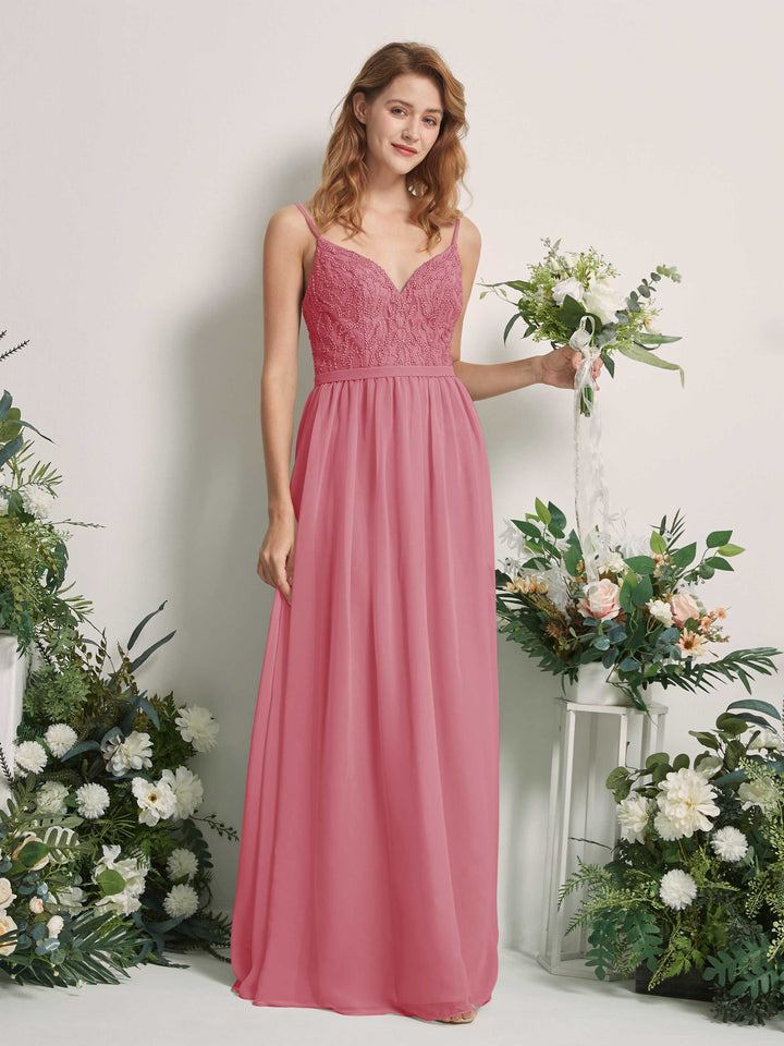 Carlyna Vestido Línea A Escote en V Hasta el suelo Fruncido Dama de honor Rosa Del Desierto 